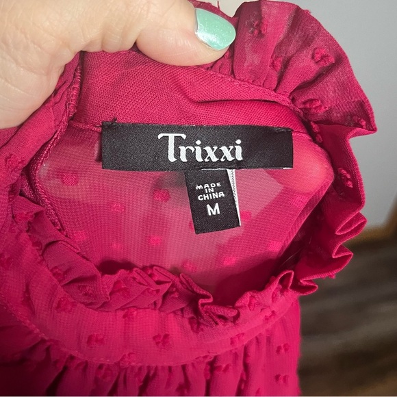 Trixxi High Neck Sheer Sleeve Dress Women M Red Magenta Tiered Ruffle Zip Midi - Picture 9 of 10